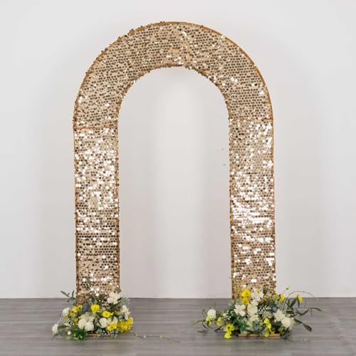 8 feet Gold Big Payette Sequin Fitted Double-Sided U-Shaped Wedding Arch, Round Top Chiara Stand Cover, Spandex Shimmer Tinsel Open Arch Backdrop Stand Cover Wedding Party Reception Decorations