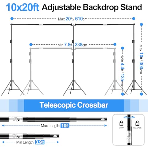 FUDESY 10x20ft Backdrop Stand Heavy Duty Adjustable Photography Background Support System with Angle Rotatable Connector, Spring Clamps, Sandbags, Ring Clips, Carry Bag for Photo Video Studio, Wedding - size: 10x20ft