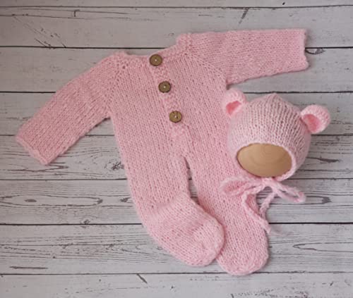 Newborn Photography Props Boys Girls Outfits Mohair Bear Hat Bonnet & Footed Romper Bodysuit Photoshoot Costume Set - color: Pink