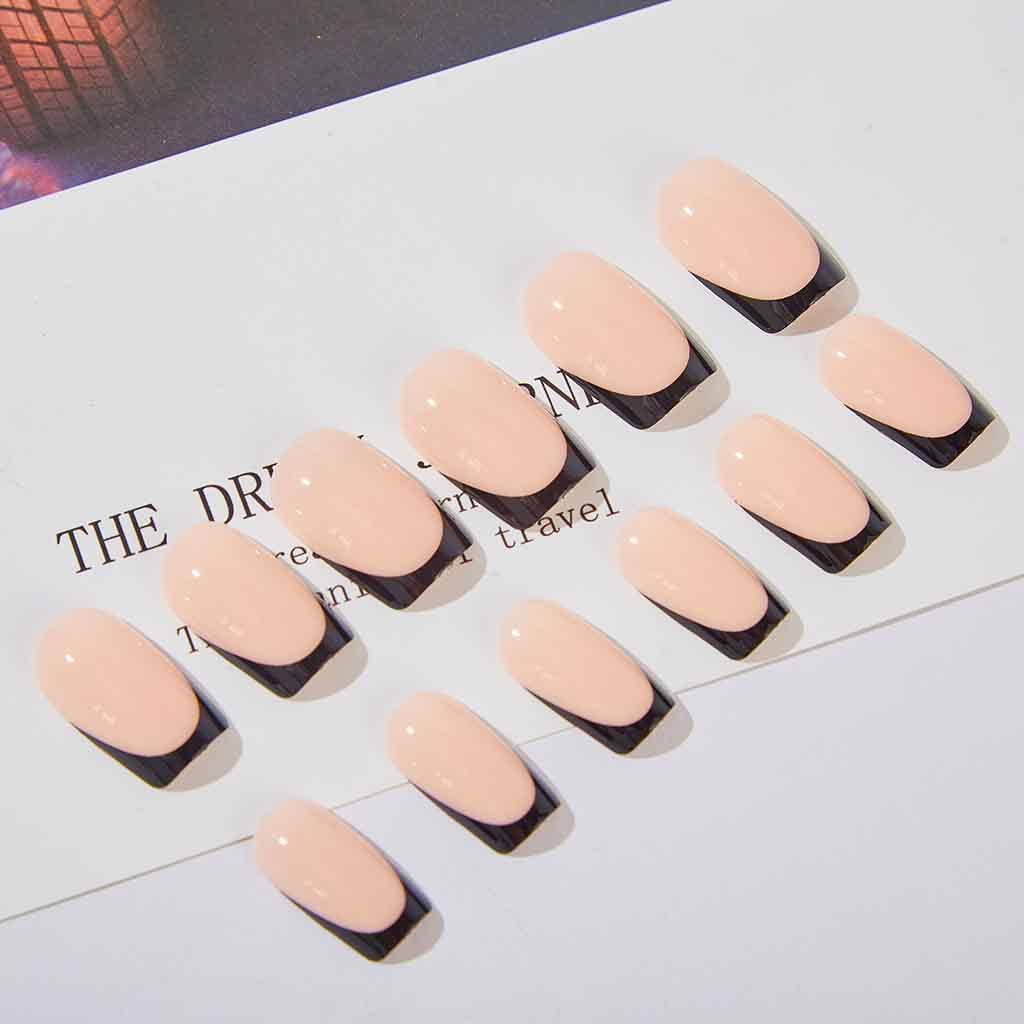 RikView French Tip Press on Nails Medium Fake Nails Black Stick on Nails Square Nude Nails for Women