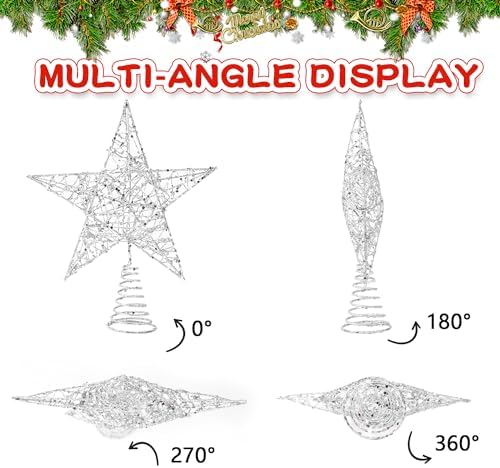 DERAYEE Christmas Star Tree Topper, Xmas Silver Glittered Treetop Metal Hollow Tree Star for Christmas Tree Decorations, Holiday Party Indoor Decor