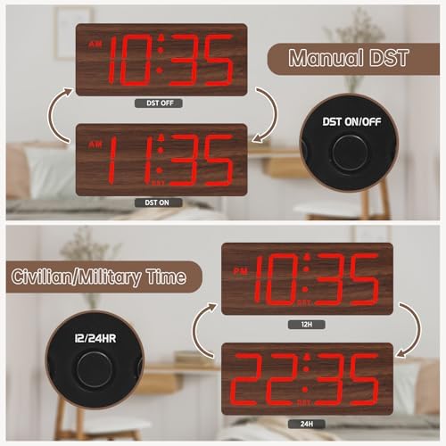 DreamSky Wooden Digital Alarm Clock for Bedroom with Large Numbers | Desk Clocks for Living Room, Office, Dimmer, Loud Alarm for Heavy Sleepers with Volume Control, DST, Wood Decor (Plug-in)