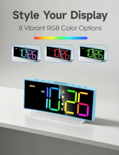 Cadmos Loud Alarm Clock for Heavy Sleepers Adults,Kids,Teens,Digital Desk Clock with USB Port,Large Numbers,7 Color Night Light,Modern Electronic Plug in Simple Clock for Bedroom(Blue+Dynamic)
