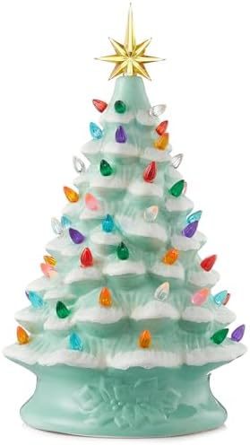 Casafield Hand Painted Ceramic Christmas Tree, Seafoam Green Snow Flocked 15-Inch Pre-Lit Tree with 128 Multi Color Lights and 2 Star Toppers