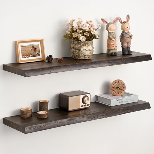 Floating Shelves Set of 2, Solid Elm Wood Wall Shelves 36 Inch - Invisible Bracket Mount for Living Room, Bedroom, Kitchen, Bathroom - Brown - color: Dark Brown, size: 36"L, 2-Pack