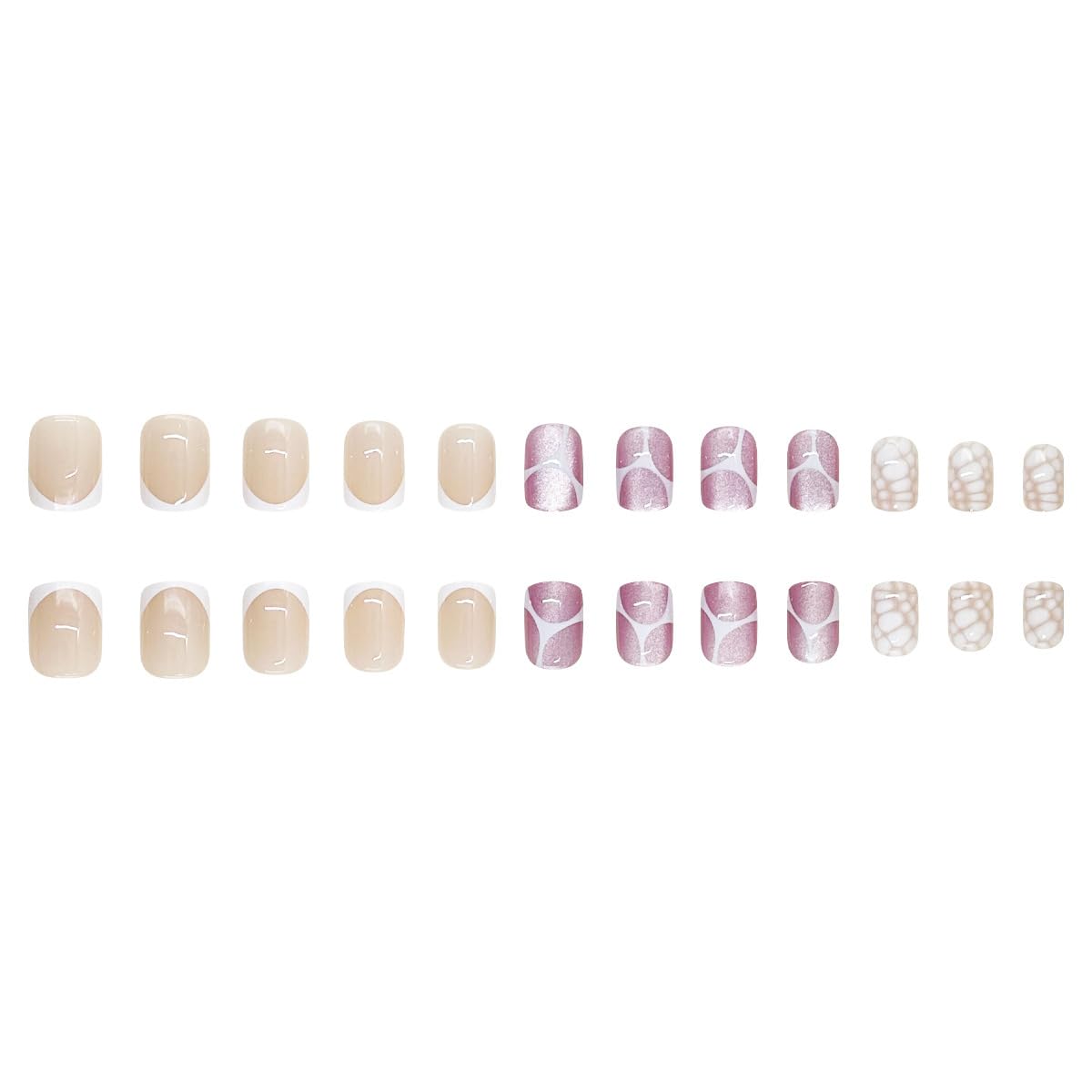 Short Square Press on Nails White French Tip Nails Press ons with White Line & Croc Print Design Nude Base Fake Nails Reusable Full Cover Stick on Nails for Women Manicure 24Pcs