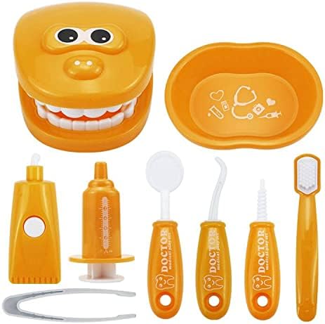 9PCS Plastic Simulation Dentist Play Set Medical Kit Pretend Toy for Kids Hygienic Habbit Cultivation Role Play Game for Children 6 Colors (Purple/Pink/Yellow/Green) Simple OPP Bag Packaging (Orange)