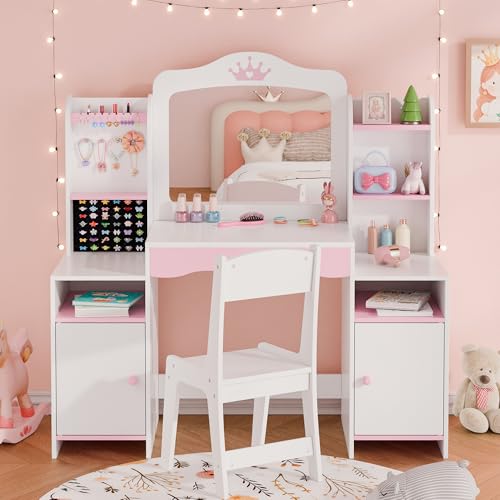MU Kids Vanity, Girl Vanity Set with Mirror and Stool, 2 in 1 Toddler Makeup Vanity Table with Jewelry Storage, Wooden Princess Makeup Desk Dressing Table for Little Girls, (White) - color: White