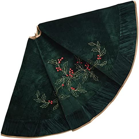 X.Sem Holly Leaf Embroidered Velvet Christmas Tree Skirt with Pleat Velvet Border 50'' (Dark Green, 50 inch)