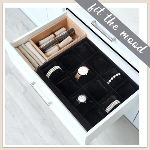 Henoyso 2 Pieces 12 Grid Velvet Watch Tray Jewelry Organizer Stackable Watch Bracelet Bangle Display Holder Adjustable Pillow(Black) - color: Black, size: 12 Grid