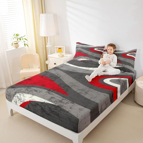 Red and Gray Bed Sheet Set Modern Abstract Art Fitted Sheet for Kids Boys Girls Teens Retro Circle Bedding Set Swirl Bed Cover 2Pcs with 1 Pillow Case Twin Size - color: Multi Aa04, size: Twin