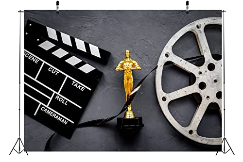 BELECO 15x8ft Fabric Movie Theme Backdrop for Photography Golden Movie Award Statue with Film Reel Video Tape and Clapper Board Background for Movie Night Theme Party Decorations Portrait Photo Props - size: 15x8FT