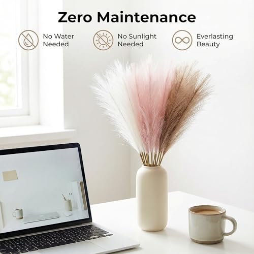 Pampas Grass Decor 30pcs 21.7 Inch, Faux Pampas Grass White Pink Brown Artificial Dried Flowers Fluffy No Shedding for Boho Wedding Home Bedroom Vase Filler - size: White Pink Brown