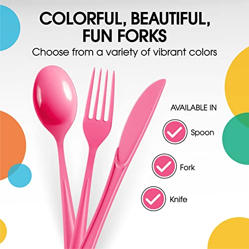 Party Solids Hot Pink Disposable Plastic Forks, 200 Pcs, 7.5 Inch, Heavy Duty, Hot Pink, Plastic Silverware - color: Cerise