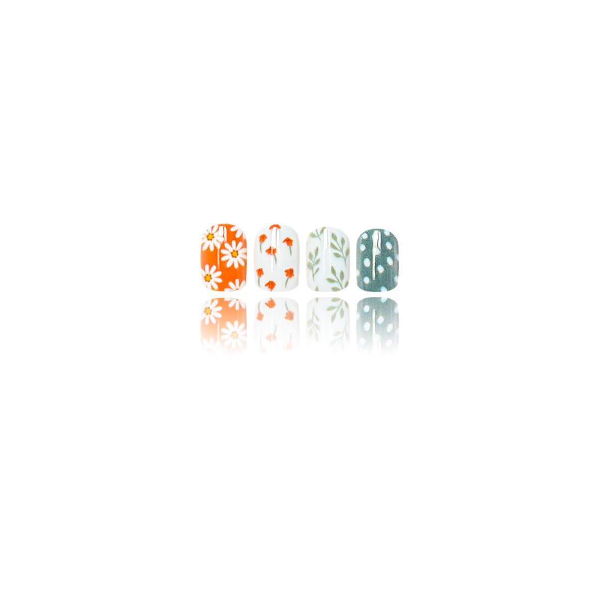 Coloful Spring Press on False Nails Polka Dot Fake Nails Short Square Glue on Nails with Flower Leaf Checkered Designs Glossy Press ons Stick on Nail for Women Manicure 24Pcs