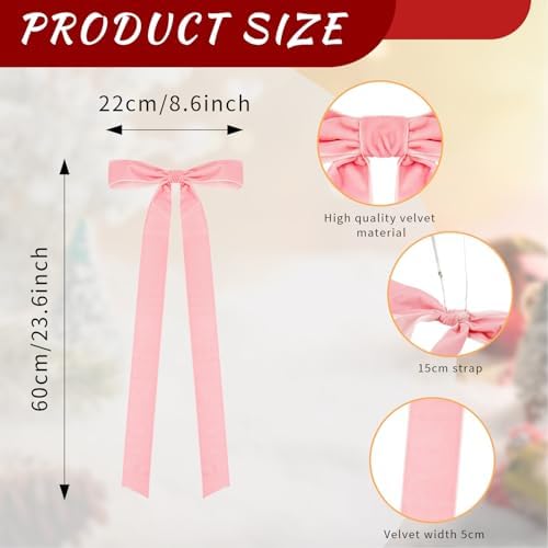 Velvet Bows for Christmas Tree Pack of 4 Large Rustic Crafts Gift Wreath Bow Ornaments for Xmas Topper Staircase Home Wedding Outdoor Interior Decor, 2" Width, 23 x 8.7 Inch (4, Pink)