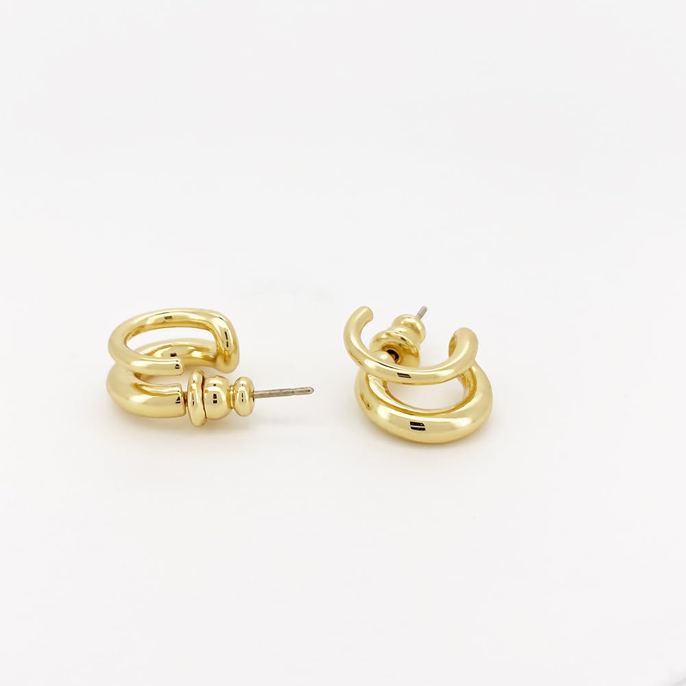 Obidos 14K Gold Plated Double Huggie Hoop Earrings for One Hole | Illusion Stud Earrings for Women