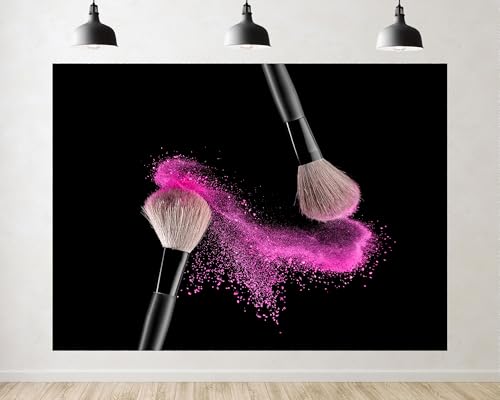 Trykid 20x10ft Makeup Brush Pink Powder Backdrop Black Background Cosmetic Scenery Photography Background Wedding Beauty Party Decoration Tapestry Photo Booth Prop Fabric - size: 20x10ft