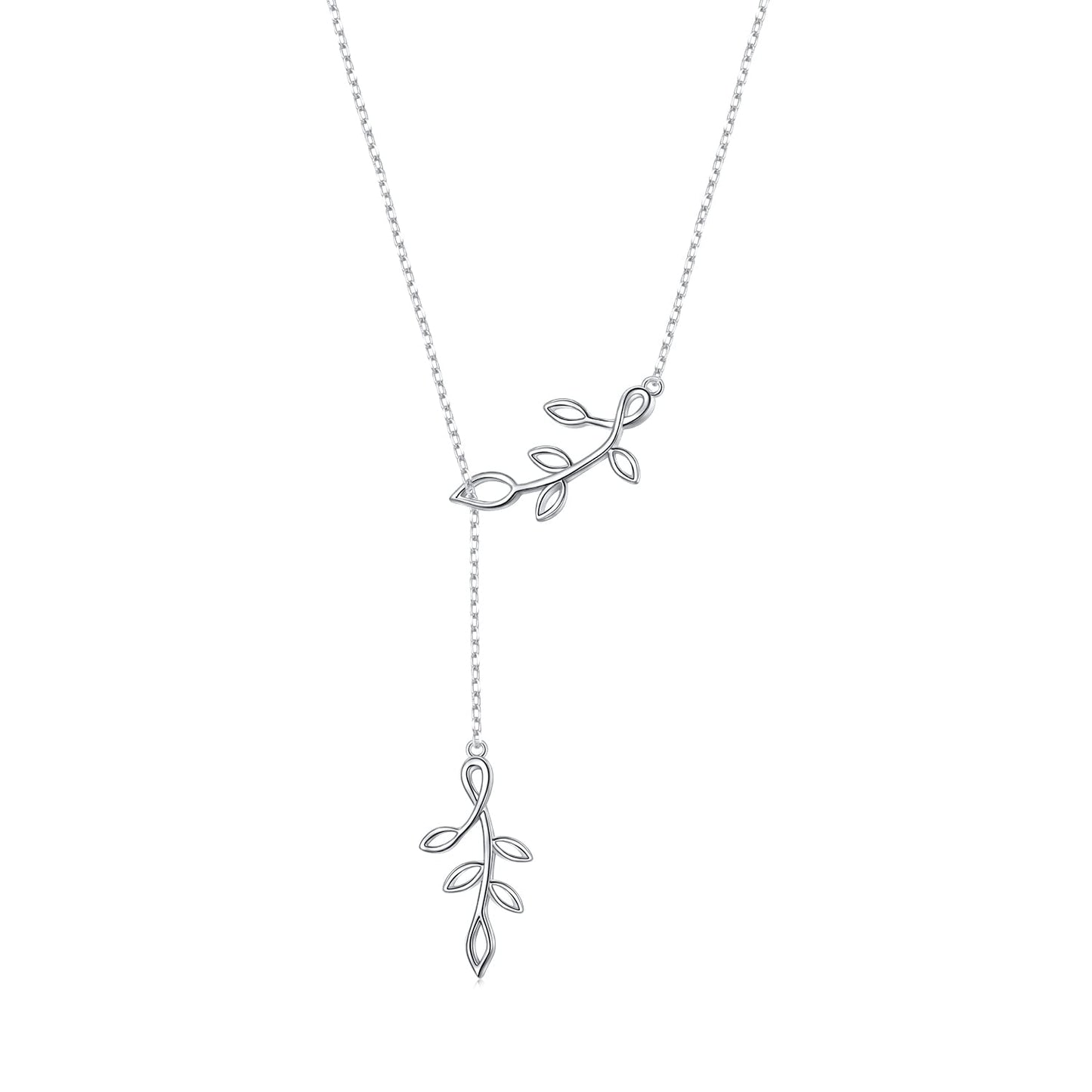 DAOCHONG Long Necklace Sterling Silver Olive Leaf Larait Bar Y Lariat Long Chain Drop Adjustable Necklace for Her, 30"
