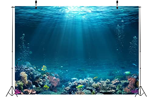 BELECO Underwater World Backdrop 5x3ft Fabric Undersea Backdrop for Photography Under The Sea Tropical Fish and Corral Deep Sea Sunlight Seabed Background Undersea Party Decor Photo Studio Props - size: 5x3ft