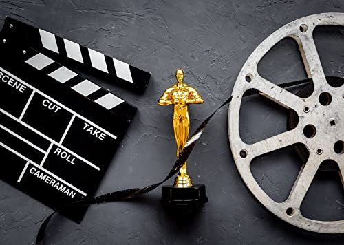 BELECO 15x8ft Fabric Movie Theme Backdrop for Photography Golden Movie Award Statue with Film Reel Video Tape and Clapper Board Background for Movie Night Theme Party Decorations Portrait Photo Props - size: 15x8FT
