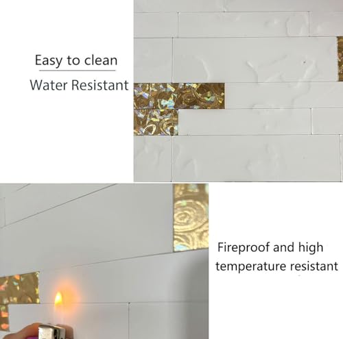 10-Sheet Peel and Stick Backsplash Tile, PVC Mixed Meta,l Stick on Kitchen, Bathroom Vanities, Fireplace Décor, Laundry Table (White+Golden Lasing) - color: White+Golden Lasing