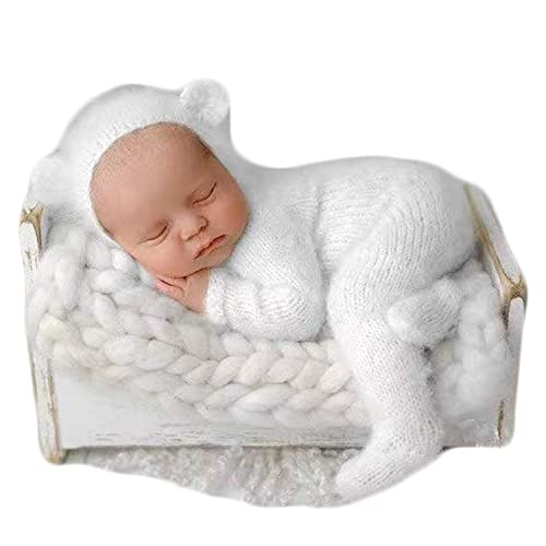 Newborn Photography Props Boys Girls Outfits Mohair Bear Hat Bonnet & Footed Romper Bodysuit Photoshoot Costume Set - color: White