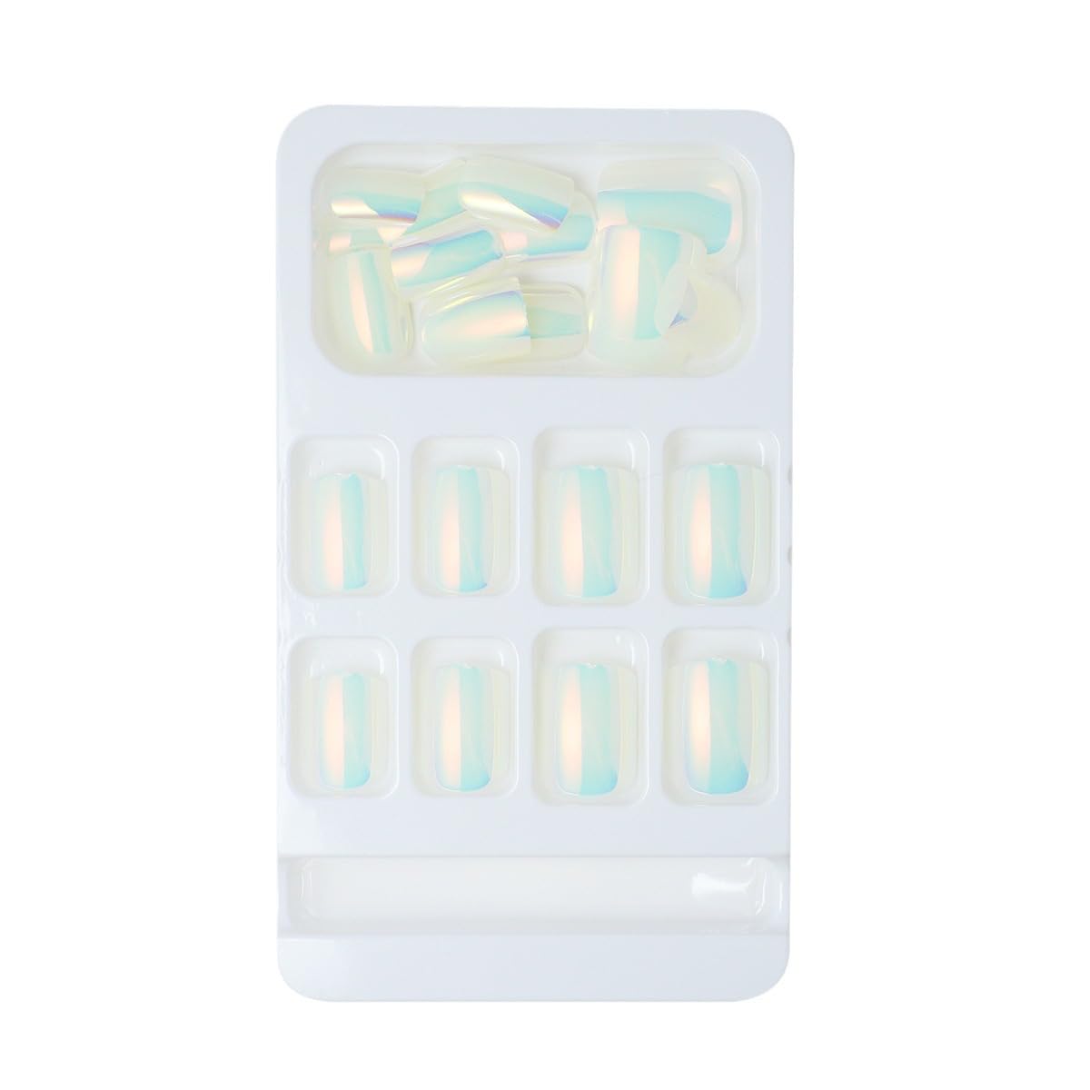 White Press on Nails Short Square Fake Nails Aurora Chrome False Nails with Designs Solid Mirror Pearl White Flash Acrylic Nails Glue on Nails Full Cover Stick on Nails for Women 24 Pcs