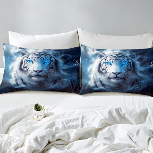 Feelyou Tiger Bed Sheets Set Queen Size Safari Cat Print Bedding Set for Kids Boys Girls Wildlife Sheets with Deep Pocket Fitted Sheet Wild Animal Bedding Set - color: Black Blue, size: Queen