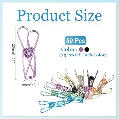 PATIKIL 50Pcs Paper Office Binder Clips, 1.26" Small Metal Wire Hollow Out Paper Clamps Long Tail Binder Clips for Photo Clothes Hanging Office Home Kitchen Food Package, Black/Purple - color: Black/Purple