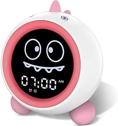 Kids Alarm Clock, Toddler Sleep Training Clock with Night Lights, Sound Machine, Time to Wake Dinosaur Alarm Clock for Children, Gift Ideas for Kids Toddler Boy Girl (Pink)