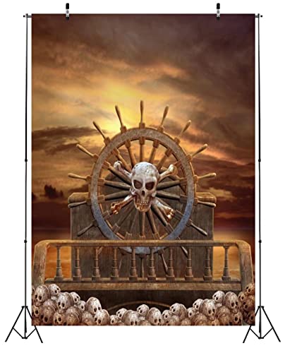 BELECO 6x9ft Fabric Pirate Backdrop - Halloween Decorations with Steering Wheel, Skulls, Gloomy Sky - Photography Background & Party Event Decorations - size: 6x9FT
