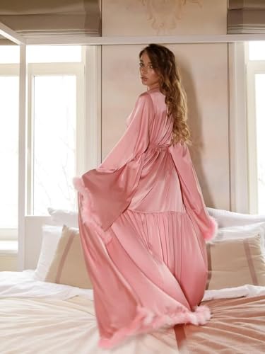Feather Silk Satin Bridal Robe Long Wedding Scarf Illusion Bathrobe Sleepwear for Women Sexy Lingerie Nightgown - color: Teal, size: Large-X-Large