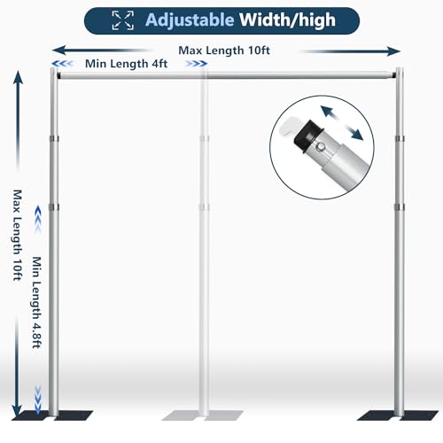 SLOW DOLPHIN 10x 10ft Pipe and Drap Backdrop Stand Kit,Heavy Duty Adjustable Frame Backdrop Stand for Event, Birthday Party, displays and Wedding Decoration.