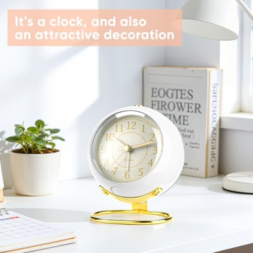 Analog Alarm Clocks,Retro Backlight Cute Simple design Small desk Clock With Night Light,Silent Non-Ticking,Battery Powered,For Kids,teens,Bedroom,travel,kitchen,Bedside Desk decor. (Bright White)