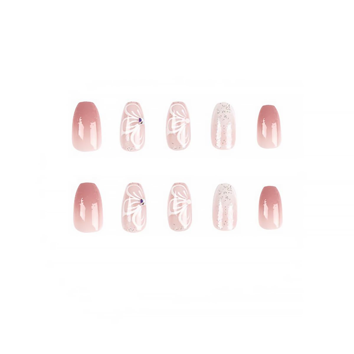 24Pcs Medium Long Press on Nails Gradient Pink Fake Nails White Flower with Rhinestones Nail Sequins Glitter Full Cover Glue on Nails Coffin False Nails for Women Girls Acrylic Nail Decorations