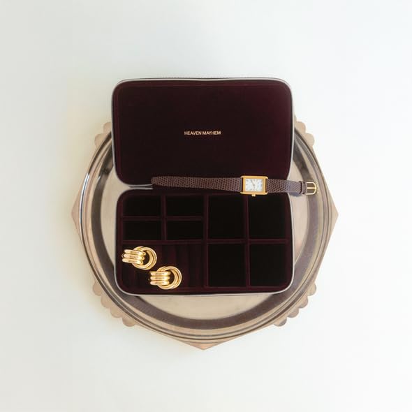 Heaven Mayhem Jewelry Travel Case – Structured Travel Organizer for Necklaces, Earrings & Rings – 8 Compartments with Soft Velvet Interior