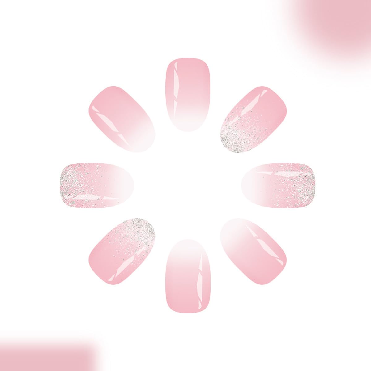 Short Oval Press on Nails Glitter Fake Nails White Ombre False Nails Elegant Full Cover Glossy Stick on Nails for Women Manicure 24PCS