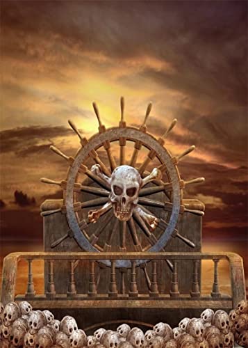 BELECO 6x9ft Fabric Pirate Backdrop - Halloween Decorations with Steering Wheel, Skulls, Gloomy Sky - Photography Background & Party Event Decorations - size: 6x9FT