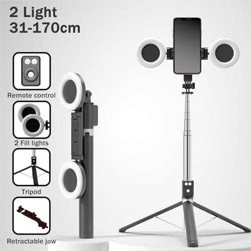 Selfie Stick Tripod with Fill Light, Phone Selfie Stick,Durable Stainless Steel Design,Bluetooth Remote Control,and Stable Three-Legged Support for Live Broadcasts,Video Shooting (Black) - color: Black