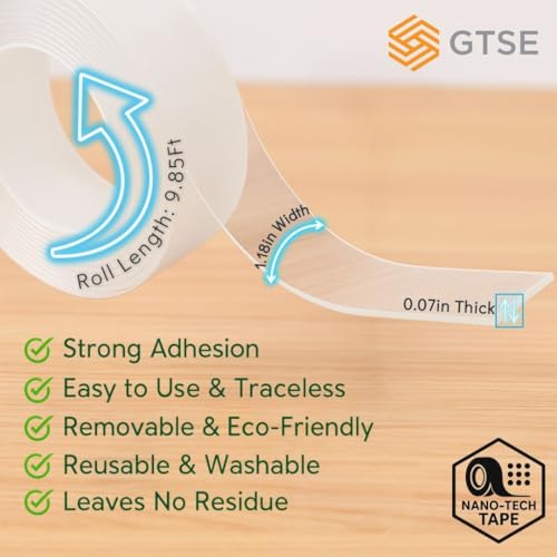 GTSE Double Sided Mounting Tape - Heavy Duty Adhesive 1.18in x 9ft Clear Nano Tape for Picture Hanging, Removable Sticky Pads, Posters, Wall Décor, Carpets, DIY Projects – Strong & Versatile Solution