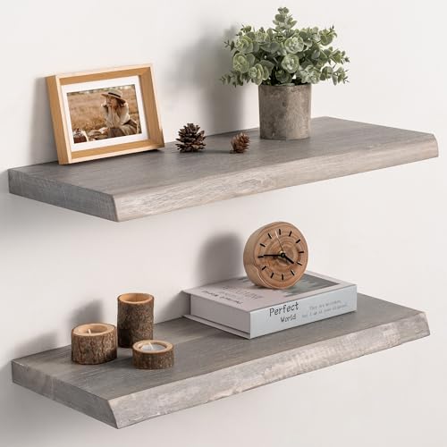 Live Edge Floating Shelves Set of 2, 24 Inch Solid Elm Wood Wall Shelves - Invisible Bracket Mount for Living Room, Bedroom, Kitchen, Bathroom | Weathered Gray - color: Driftwood Gray, size: 24"L, 2-Pack