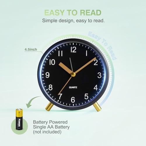 Analog Alarm Clock, Silent Non-Ticking with Night Light, Fashionable Round Metal Alarm Clock for Office, Battery Operated, Clock for Bedroom, Elderly, Adults, Children, Student Gifts