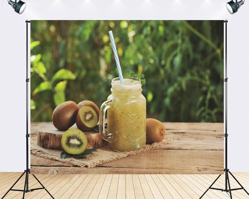 Trykid 5x3ft Kiwi Fruit Smoothie Backdrop Fresh Healthy Drink Wooden Table Organic Food Photography Background Tapestry Party Decoration Photo Studio Prop Fabric Backdrop - size: 5x3ft