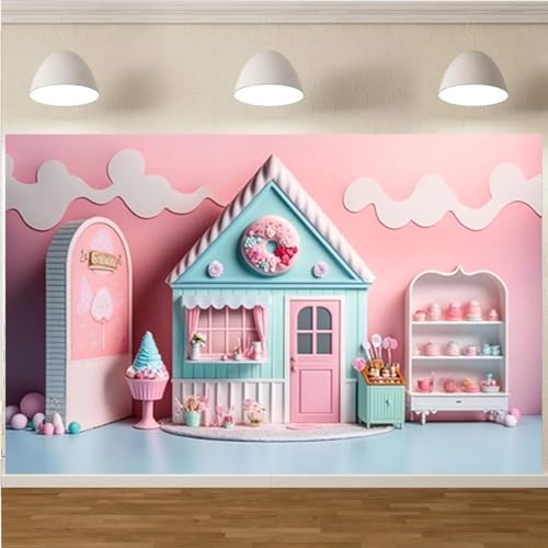 Pink Ice Cream Shop Candy House Background for Photoshoot Girl Birthday Party Decoration Children Happy First 1st Birthday Party Backdrop Summer Candy House Baby Shower Backdrop (7X5FT) - size: 7X5FT
