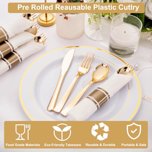 200Guests Pre Rolled Gold Plastic Silverware Sets - Heavy Duty Gold Cutlery - Include 200 Pack Wrapped Disposable Utensils with Napkins for Parties & Dinners & Weddings - color: 200Pack - Gold