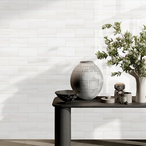 Vamos Tile 100-Piece Glossy Dolomite White Peel and Stick Backsplash Tile,3''x6'' PVC Subway Tile with White Grout, Stick on Backsplash for Kitchen/Bathroom/Fireplace - color: Dolomite White