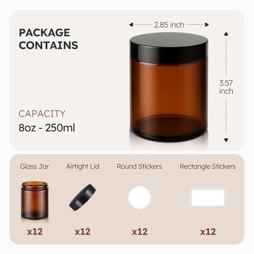8 oz Amber Glass Jars with Lids, 12 Pack Amber Small Glass Jars with Black Lids, Lotion Container Empty Cosmetic Travel Containers for Sample, Cream, Lotion, Honey, Powder - color: Amber-Black Lids, size: 8 Ounces