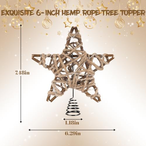 LAWOHO Christmas Tree Topper Retro Woven Star with Lights, Farmhouse Christmas Decor, Mini Rustic 6 Inch Star with 6H Timer, Light Up Christmas Tree Decorations, for Xmas Tree, Holiday, Party