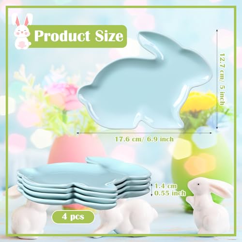 Jinei 4 Pcs Easter Bunny Shaped Plates Ceramic Serving Candy Dishes Rabbit Dinner Tray Salad Dessert Appetizer Plates Dinnerware for Easter Party Spring Garden Tea Party Supplies((Blue) - color: Blue